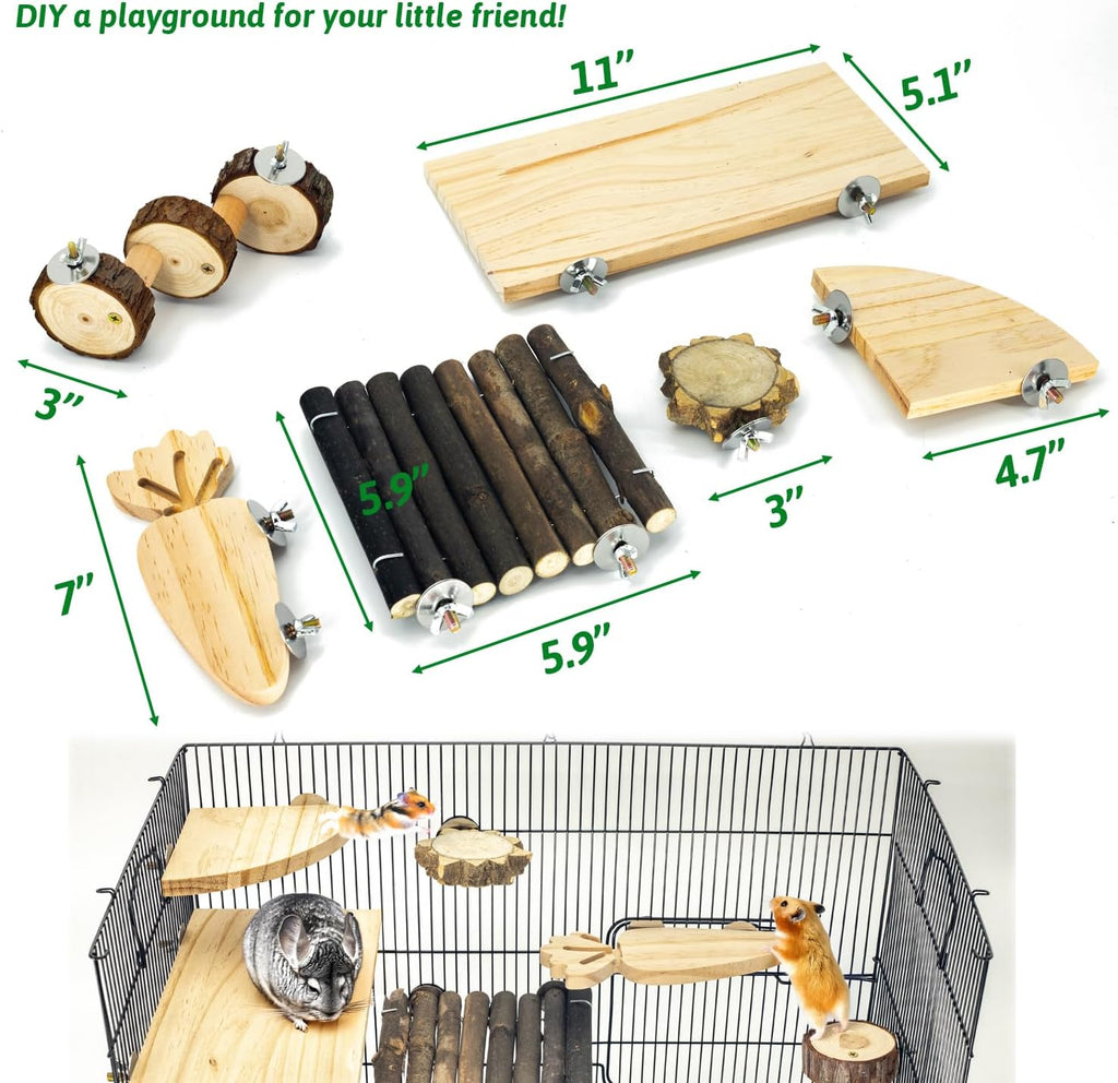 Space Expanding Natural Wood Hamster Platform Set, DIY Small Animal Playground Accessories for Hamster Cage, Climbing & Resting Toys with Adjustable Screws for Hamsters, Chinchillas, Gerbils