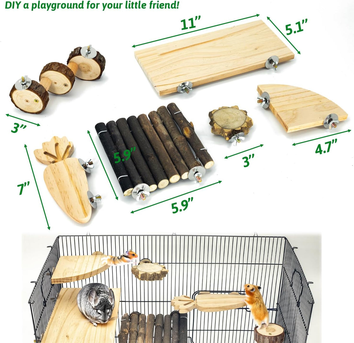 Space Expanding Natural Wood Hamster Platform Set, DIY Small Animal Playground Accessories for Hamster Cage, Climbing & Resting Toys with Adjustable Screws for Hamsters, Chinchillas, Gerbils