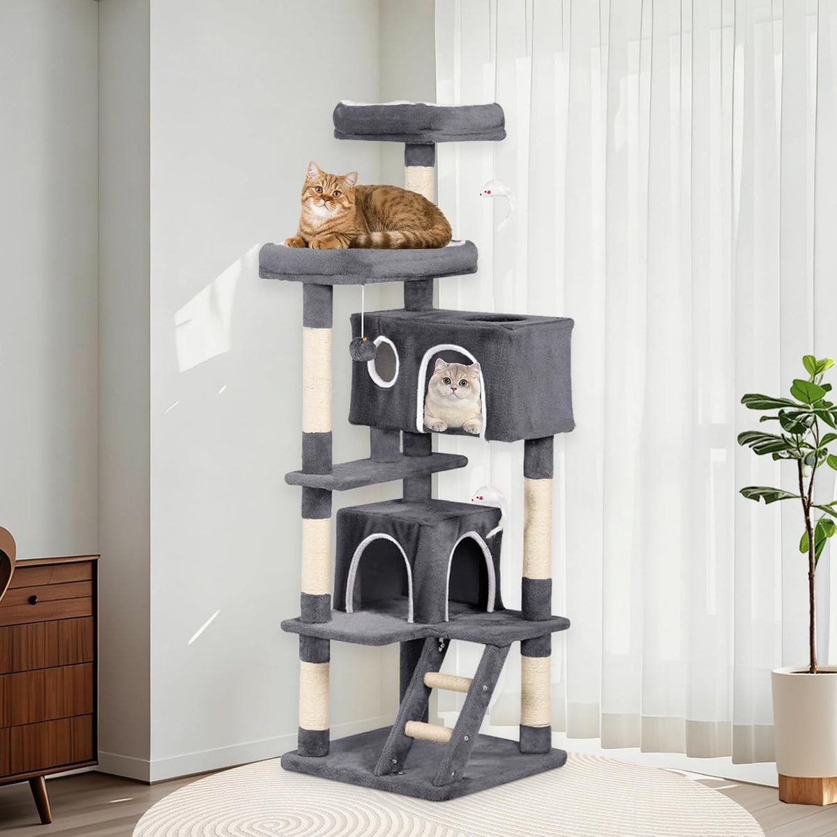 Cat Tree with 2 Cozy Condos & 6 Sisal Scratching Posts, 60-inch Multi-Level Cat Tower for Indoor Cats, Extra Sturdy Cat Activity Center (Dark Gray)