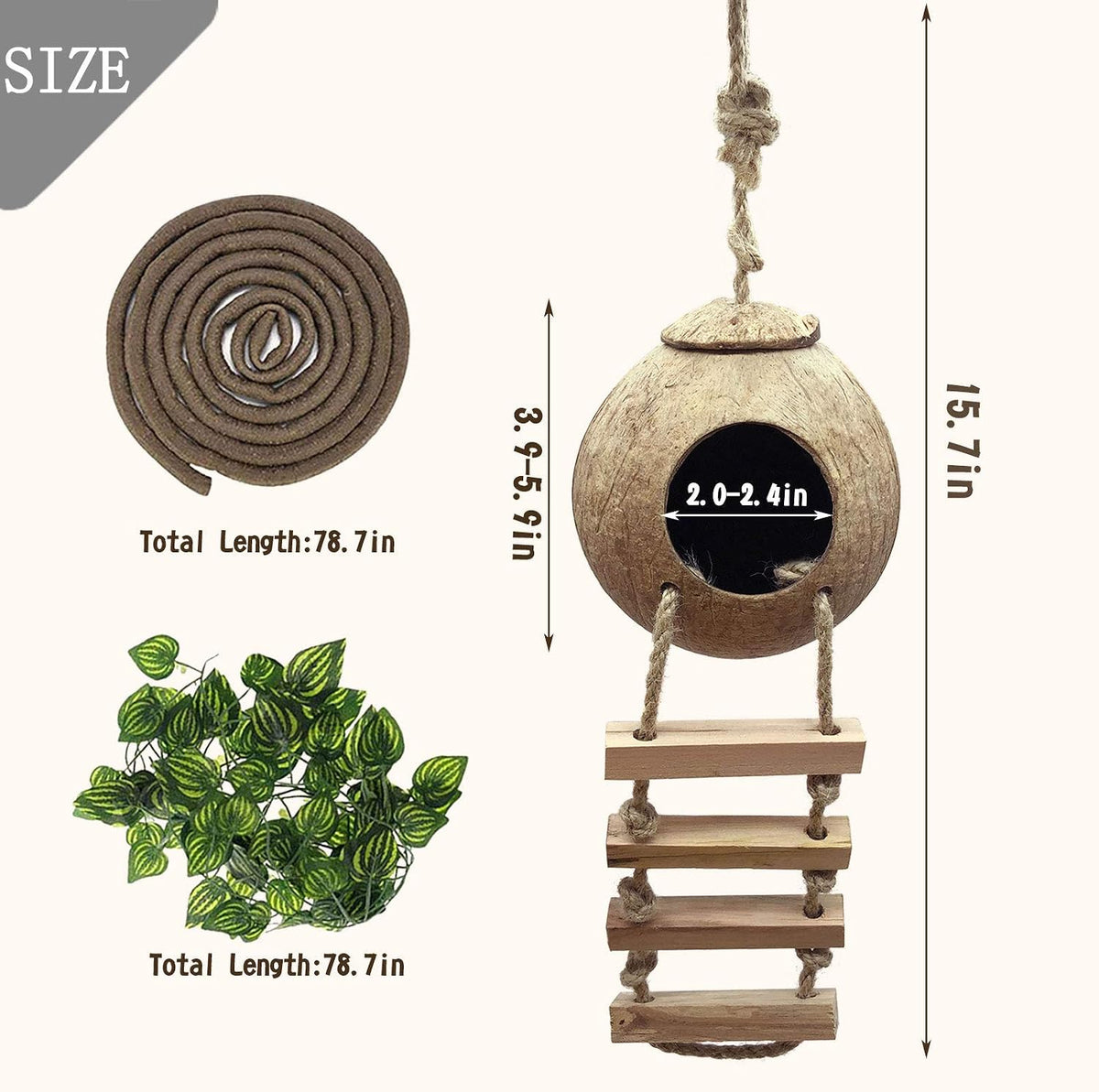 PINVNBY Crested Gecko Coco Hut with Ladder Natural Lizard Coconut Shell Hideout Home Mini Condo for Reptiles Durable Cave Habitat with Hanging Loop Coconut Texture Provide Food for Pets