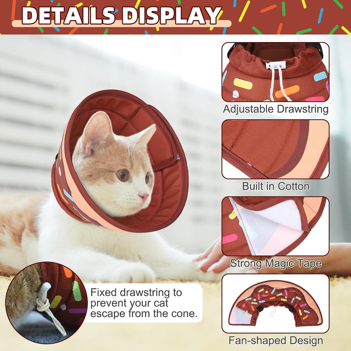 Cat Cone Collar Soft, Adjustable Cat Cones to Stop Licking, Foldable Donut Water Resistant Pet Recovery Neck E Collars After Surgery, Kitten Elizabethan Collar for Small to Large Cats,Brown L