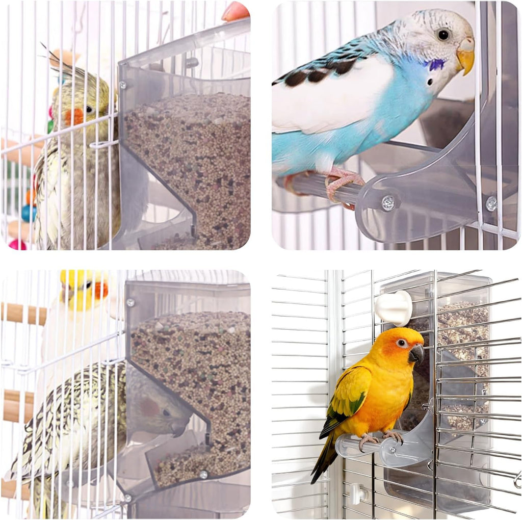 AOTU Automatic No Mess Bird Feeder for Cage - Crack-Resistant Plastic Bird Cage Seed Catcher Clear Bird Cage Feeder for Small Medium Birds Parrots Cockatiels Parakeets Conures Canaries (Light Gray)