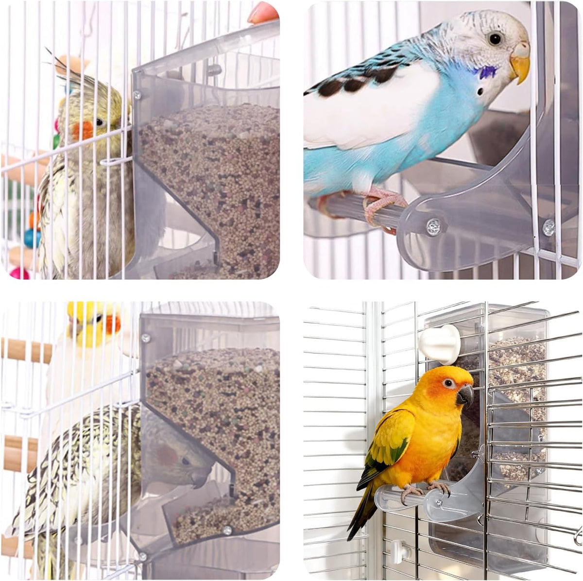 AOTU Automatic No Mess Bird Feeder for Cage - Crack-Resistant Plastic Bird Cage Seed Catcher Clear Bird Cage Feeder for Small Medium Birds Parrots Cockatiels Parakeets Conures Canaries (Light Gray)