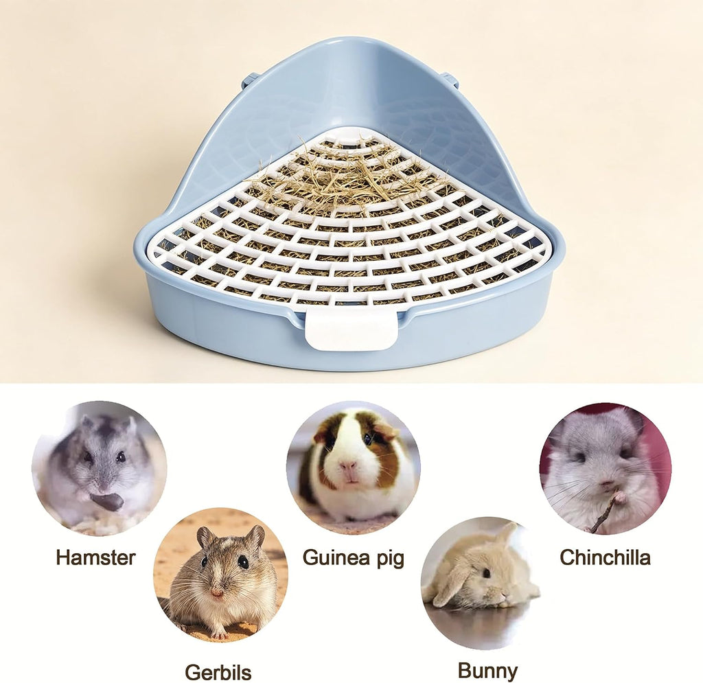 Rabbit Litter Box Triangle Corner Potty 7.5 x 7.5 x 4.0 Inches Anti-Splash High Back Dual Clips Detachable Grid Easy Clean Tray for Bunny Hamster Syrian Hamster Hedgehog & Small Pets, Blue