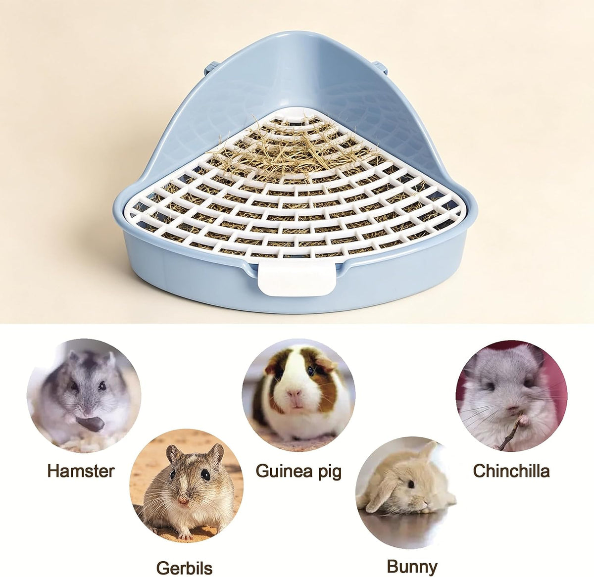 Rabbit Litter Box Triangle Corner Potty 7.5 x 7.5 x 4.0 Inches Anti-Splash High Back Dual Clips Detachable Grid Easy Clean Tray for Bunny Hamster Syrian Hamster Hedgehog & Small Pets, Blue