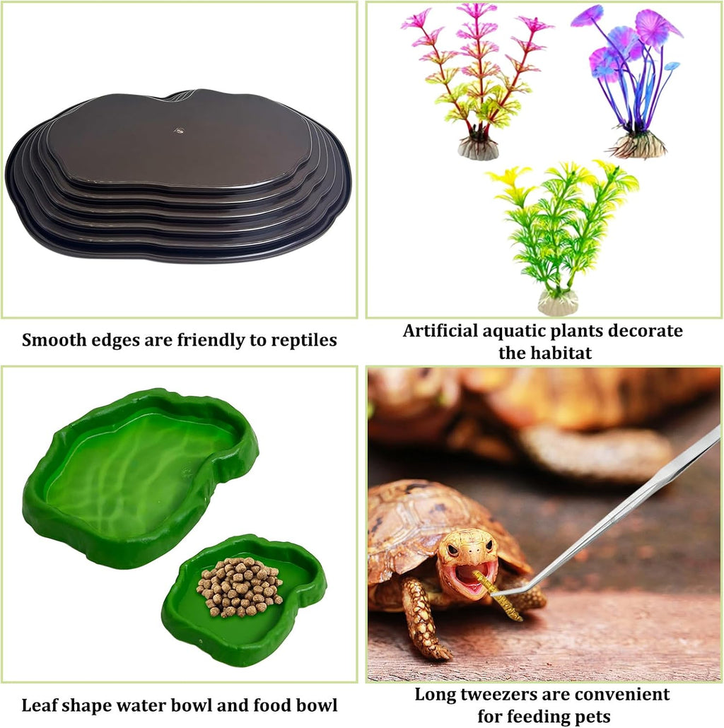 Reptile Water Dish with Ramp Turtle Bathing Pool 7 Pcs Feeding Bowl