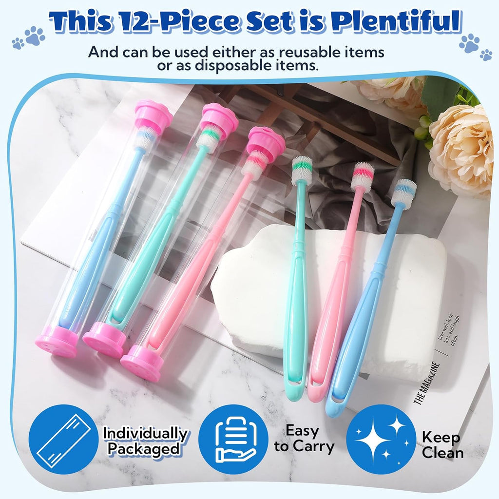 VZZNN 12 Pack Small Dog & Cat Toothbrush, 360 Degree Soft Silicone Pet Dental Care Kit with Holder, Suction Cup Base, Individually Wrapped, Gentle Teeth Cleaning for Kittens & Small Breeds
