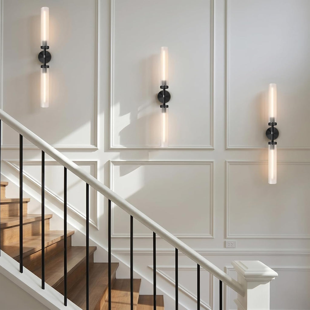 2Pc 30" Knurled Black 2 Light Wall Sconces, Long Modern Hardwired Bathroom Vanity Light, Frosted Glass Tube Linear Modern Wall Light Fixtures, for Mirror, Bedroom, Living Room, Hallway