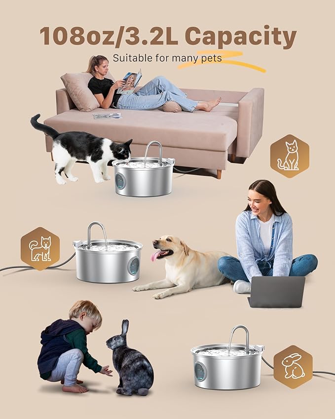 Cat Fountains for Drinking Stainless Steel: 108oz/3.2L Cat Water Fountain Led - Image 2