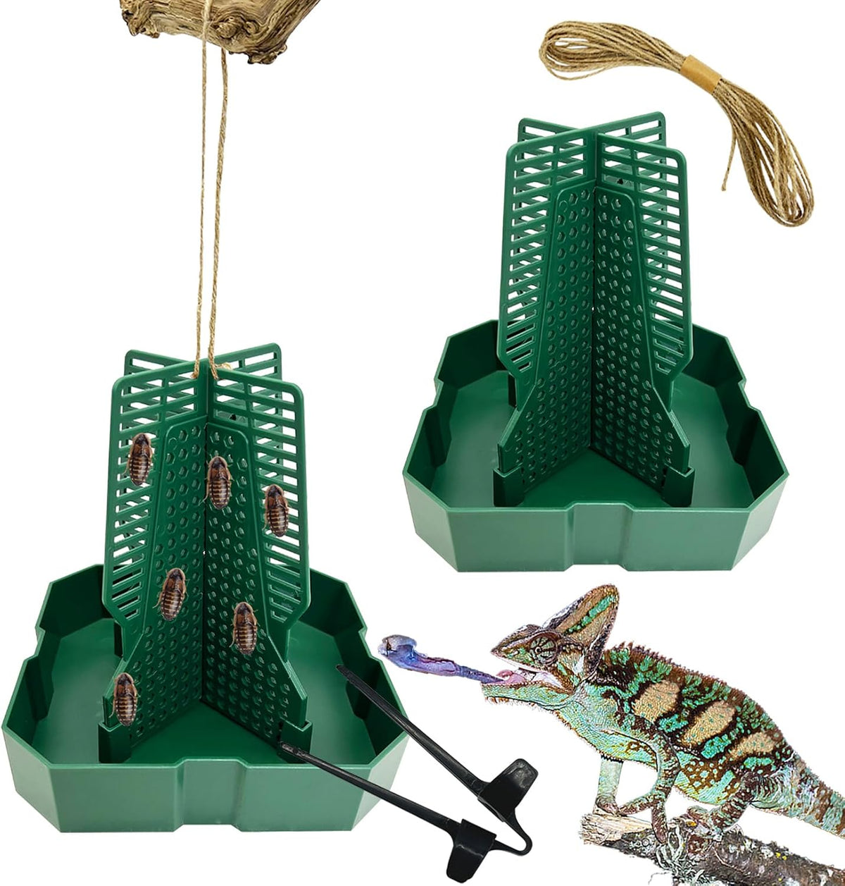 2PCS Reptile Hunting Bowl,5.8"×5.8"×6.1" H Insect Feeding Box with Rope and Tweezers Chameleon Feeder Bowls Hanging Bearded Dragon Bug Bowls Mounted Insect Reptile Feeder Box(Brown,Large)