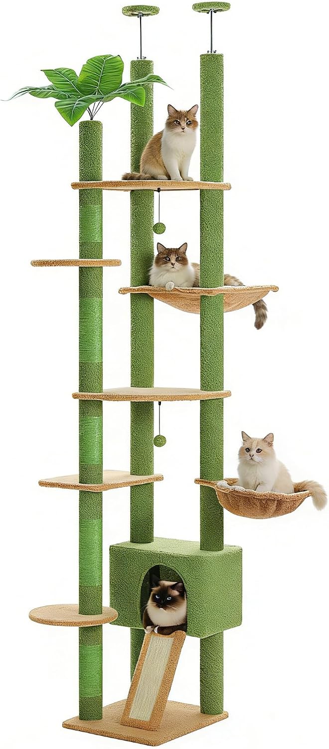 PEQULTI Floor to Ceiling Cat Tree, Height Adjustable 90.5-100.4'', Green