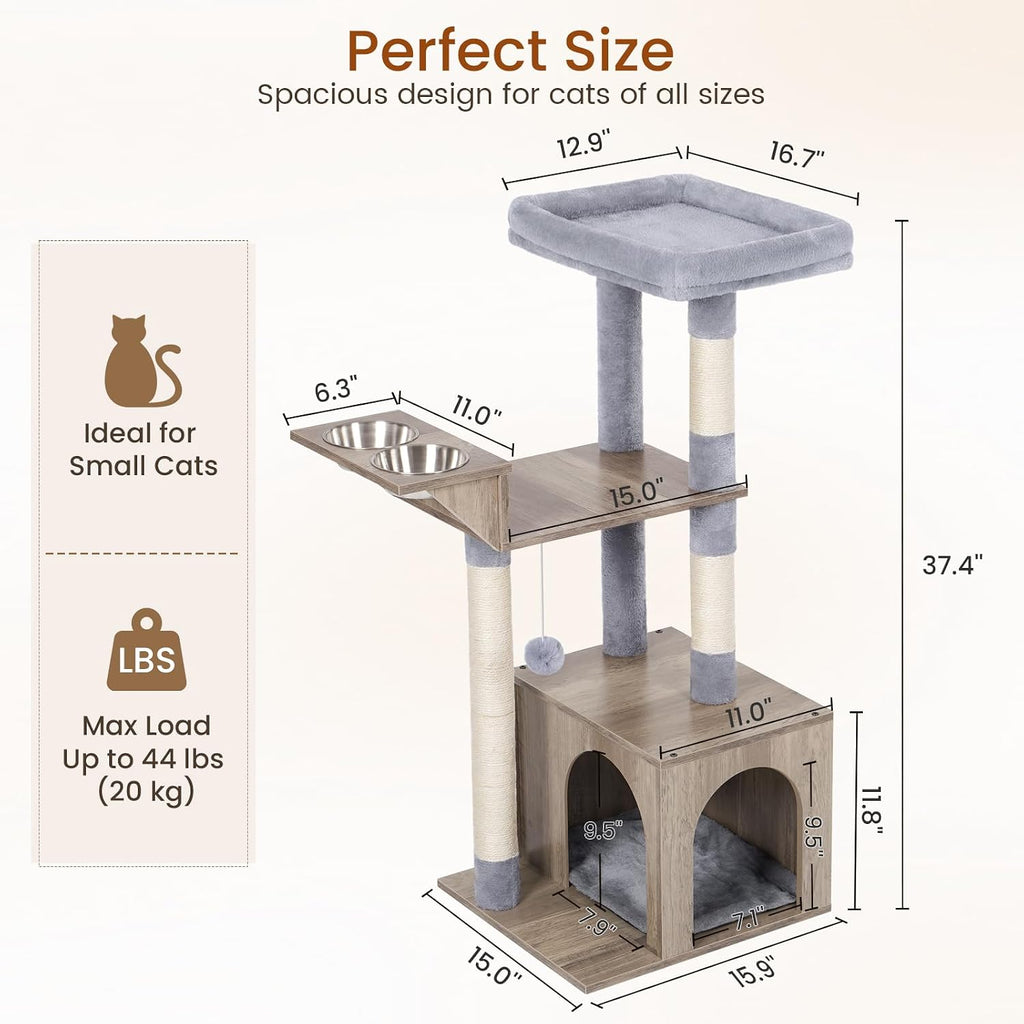 Snughome Small Cat Tree Tower for Indoor Cats, 37.4’’ Cat Tree with Feeding Station & Sisal Scratching Post for Kittens, 3-in-1 Activity Cat Tower with Cat Condo, Hanging Ball for Play Rest, Grey