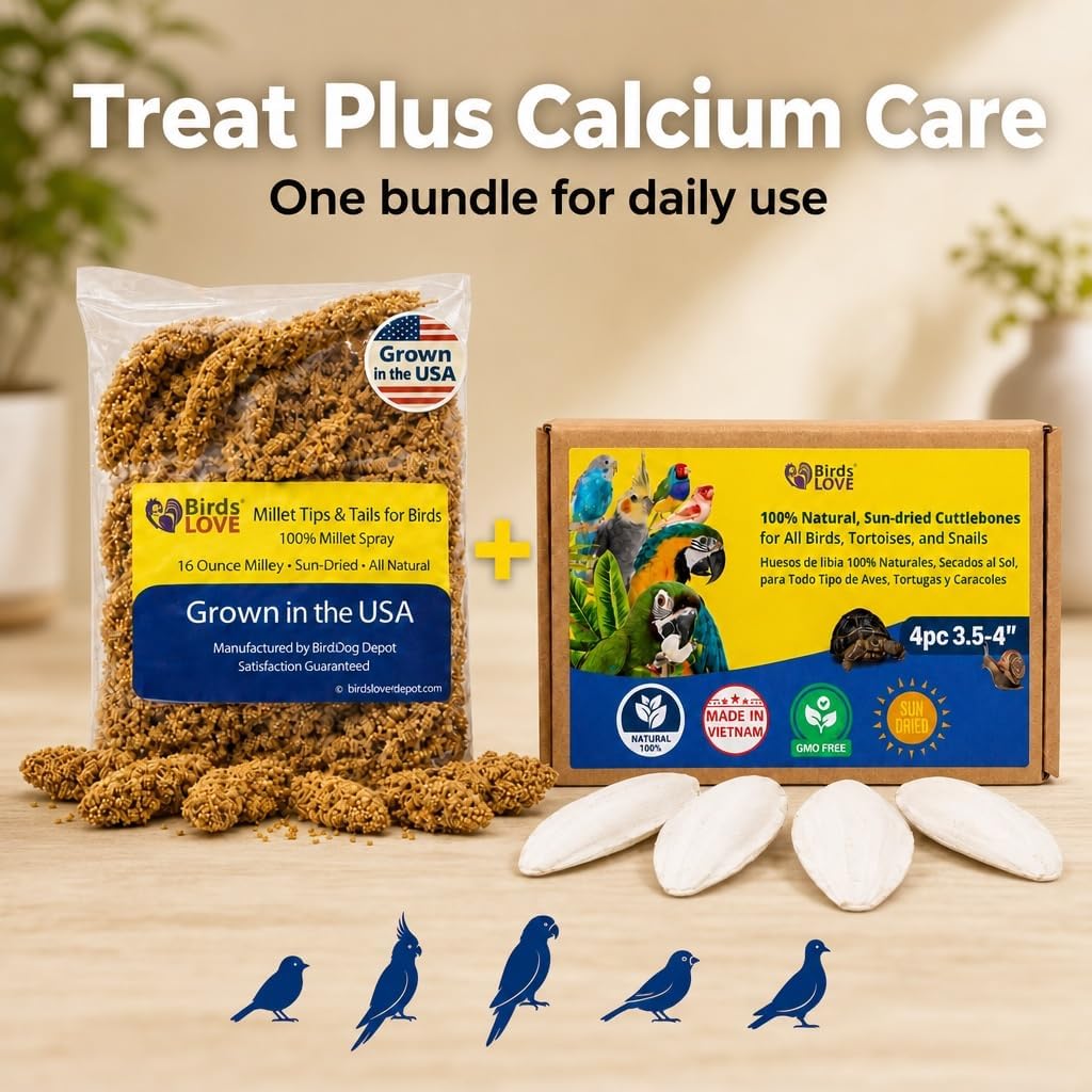 Farm to Feathers™ Bird Millet & Cuttlebone Bundle – USA Grown Millet Sprays for Parakeets, Budgies, Cockatiels, Finches & Canaries – 1 lb Tips & Tails Millet + 4” Cuttlebone (4 Pack)