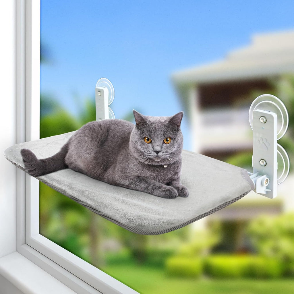 Sunhoo Cat Window Hammock Perch Cordless Perches Window Sill Seat Bed Foldable Stable Lounger Upgraded Suction Cup Easy Assembly Indoor Cats Kitty Shelf Hold Up to 55lbs (Grey, M)