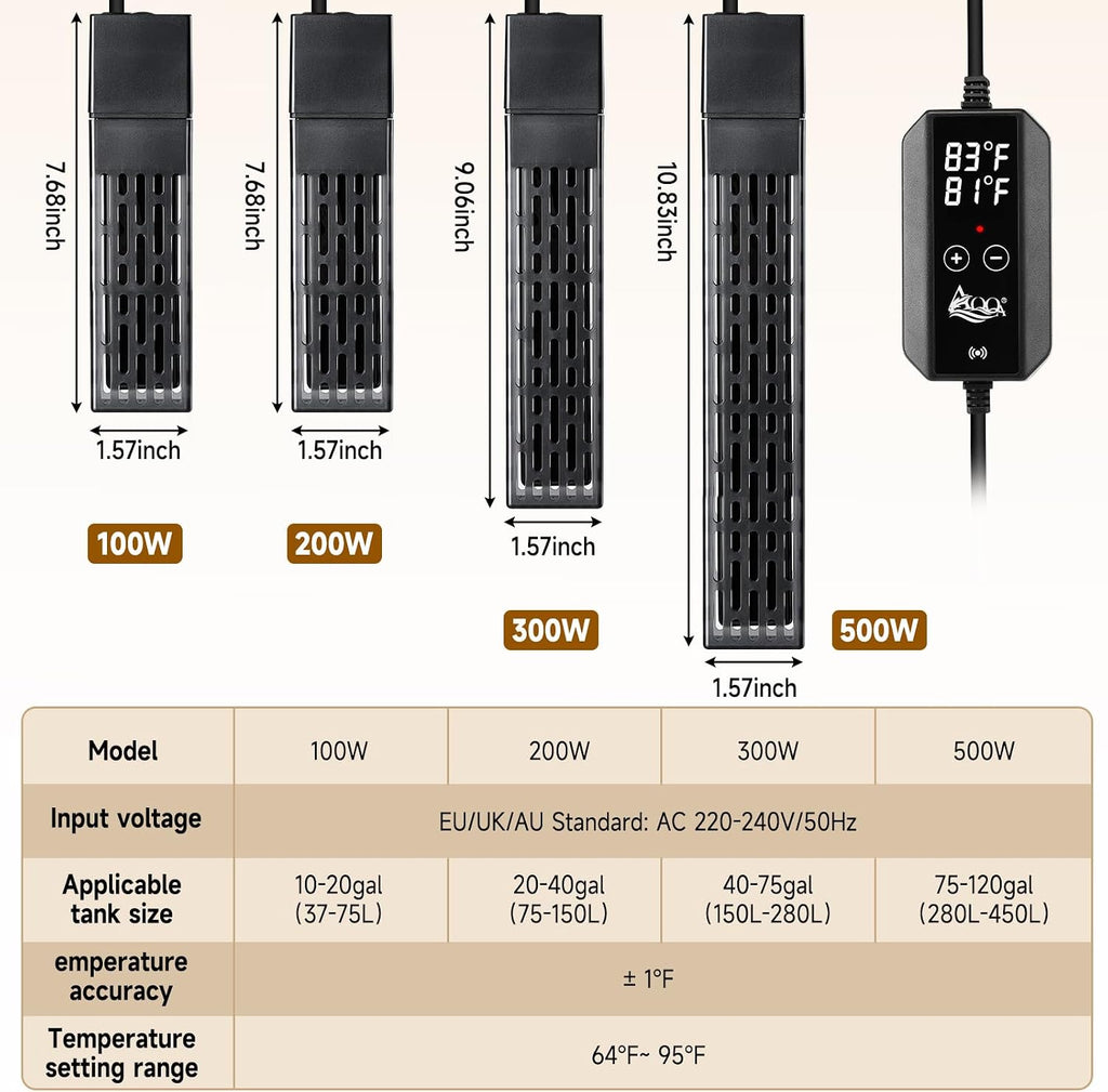 AQQA Ceramic Aquarium Heater 200W, with Dual Digital Display Controller