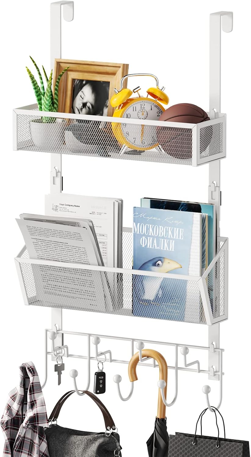 HapiRm Over the Door Hanger with Coat Hooks and 2 Baskets, Rustproof & Waterproof Over the Door Hooks, Storage Organizer for Hats, Bathroom, Kitchen, Bedroom, RV, Camper-Black (for 1.76in Doors)