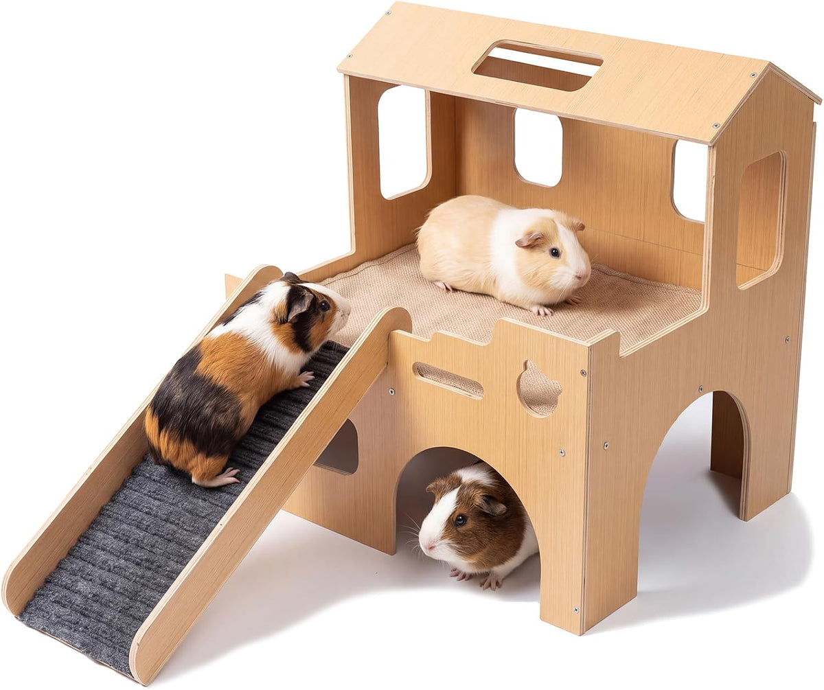 Guinea Pig Hideout with Ramp,2-Level Wooden Guinea Pig House for Small Pets