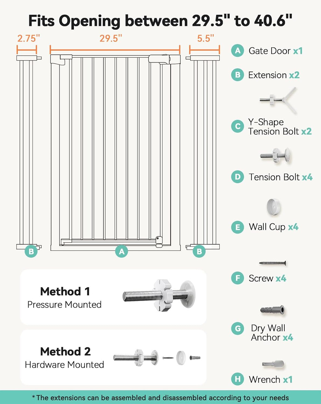 COMOMY 42" Extra Tall Baby Gate for Stairs, Fits 29.5" to 40.6" Openings