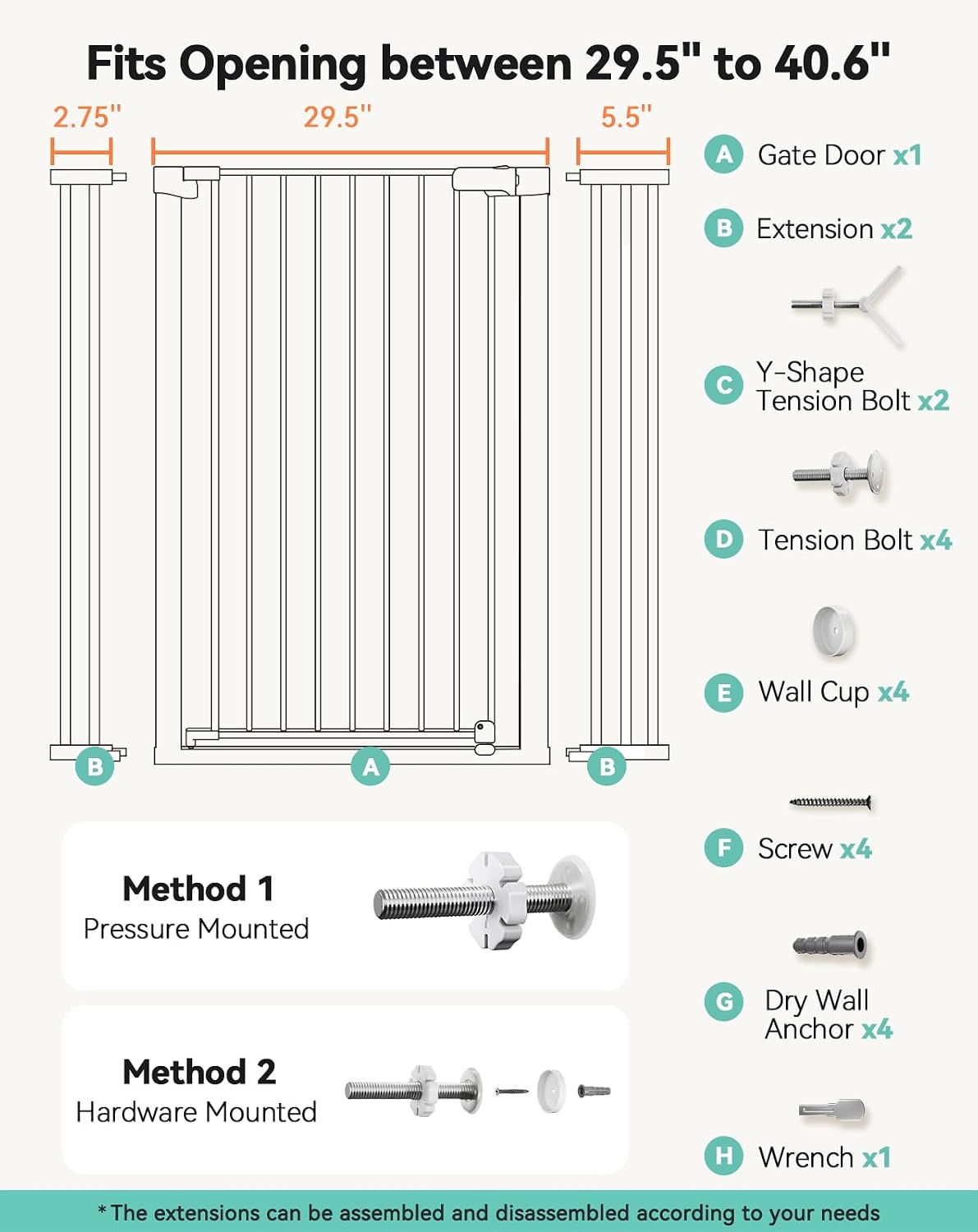 COMOMY 42" Extra Tall Baby Gate for Stairs, Fits 29.5" to 40.6" Openings