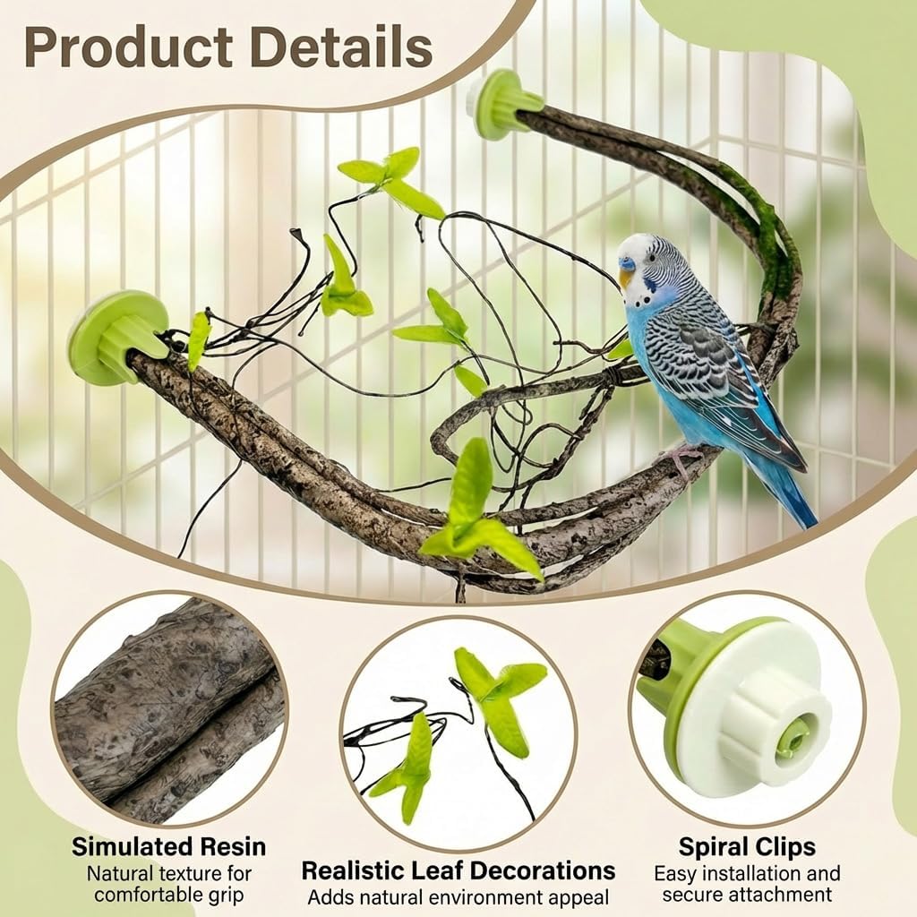 Large Natural Bird Perch for Cage, Bendable Tree Branch Parrot Perch Stand with Leaf Design, Bird Cage Accessories for Macaw, African Grey Parrot, Cockatiel, Cockatoo (Large)