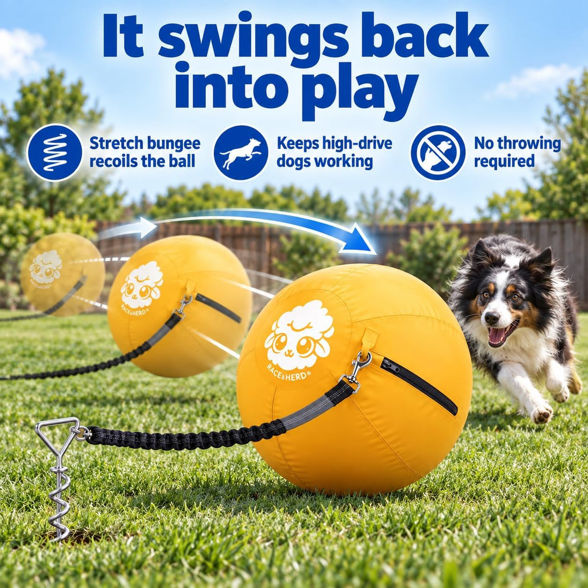 Race&Herd 22" Dog Tetherball — Herding Ball with Ground Stake (Gold)