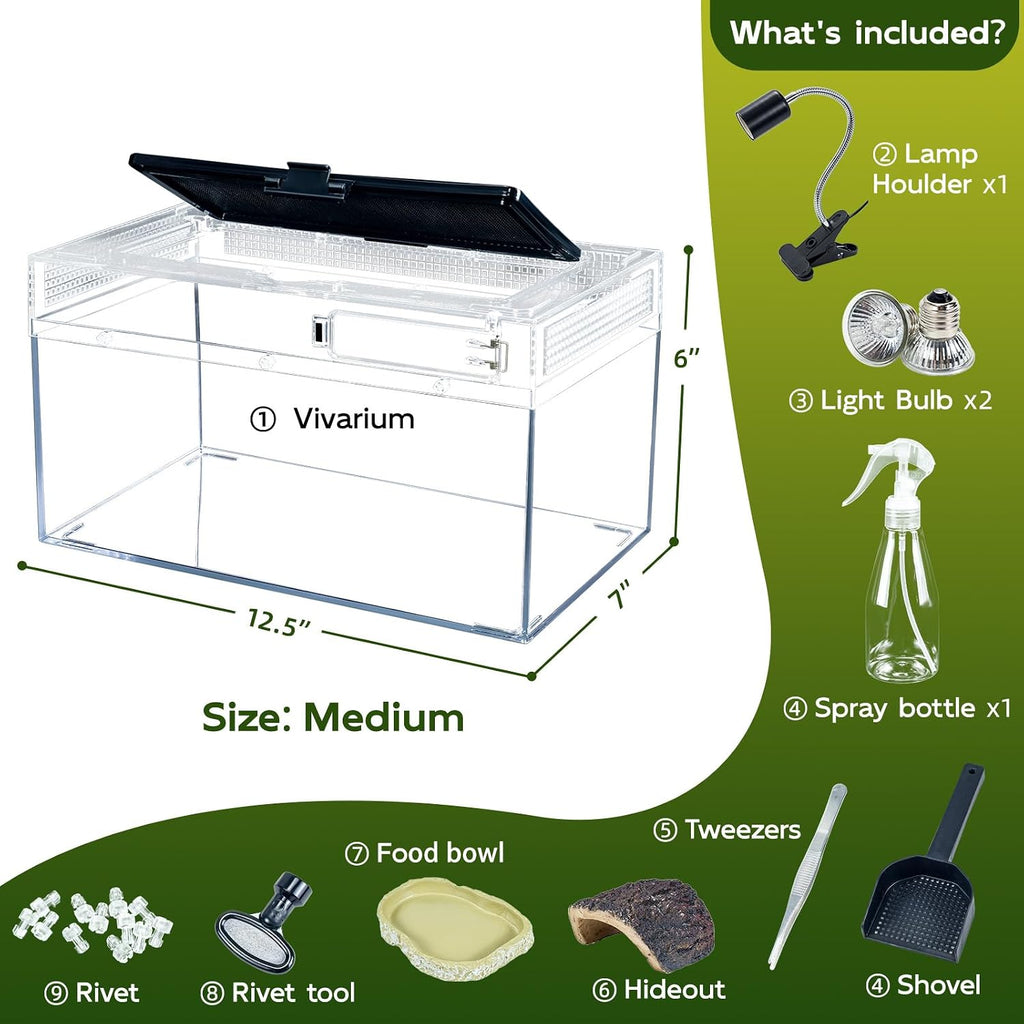 12.5x6x7 Reptile Terrarium Kit with Heat Lamp & Hideout for Geckos, Snakes
