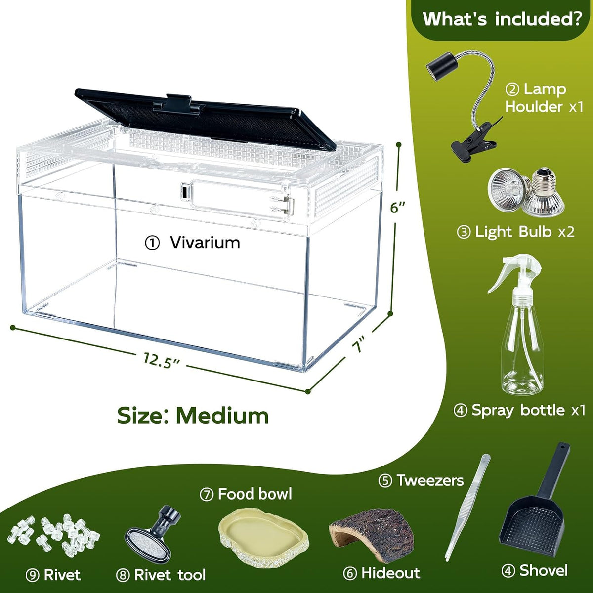 12.5x6x7 Reptile Terrarium Kit with Heat Lamp & Hideout for Geckos, Snakes