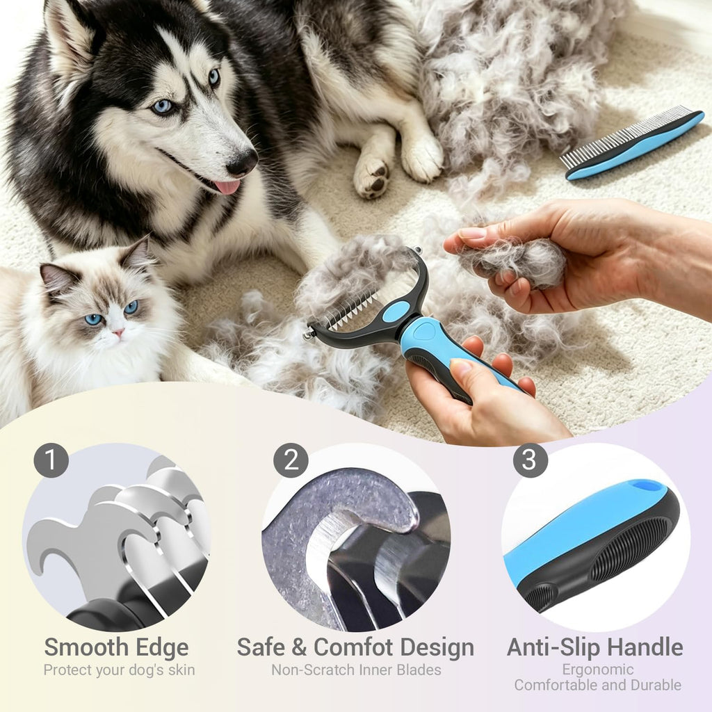 Dog Deshedding Rake for Shedding, Double-Sided Grooming Tool for Dogs & Cats, Gentle Skin-Friendly Pet Brush for Long and Short Hair Breeds, Removes Loose Hair and Keeps Coats Healthy (Brush & Comb)