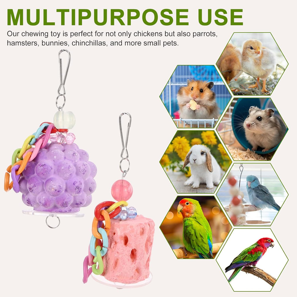 M METERXITY 2-Pack Chicken Chewing Toy, Calcium Block Beak Grinding Stone for Chick/Parrot/Rat Hamster/Bunny/Chinchilla, Cage Toys Coop Accessories [Pink/Purple]