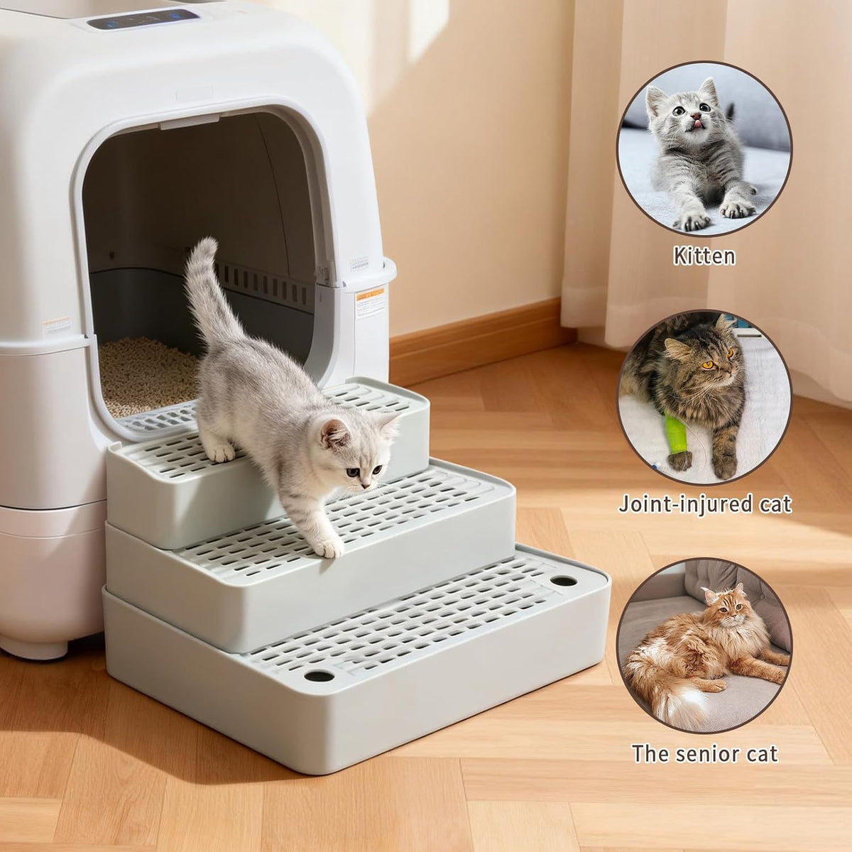 Adjustable 3-Step Cat Ramp for Litter Box, Litter Trapper, Grey