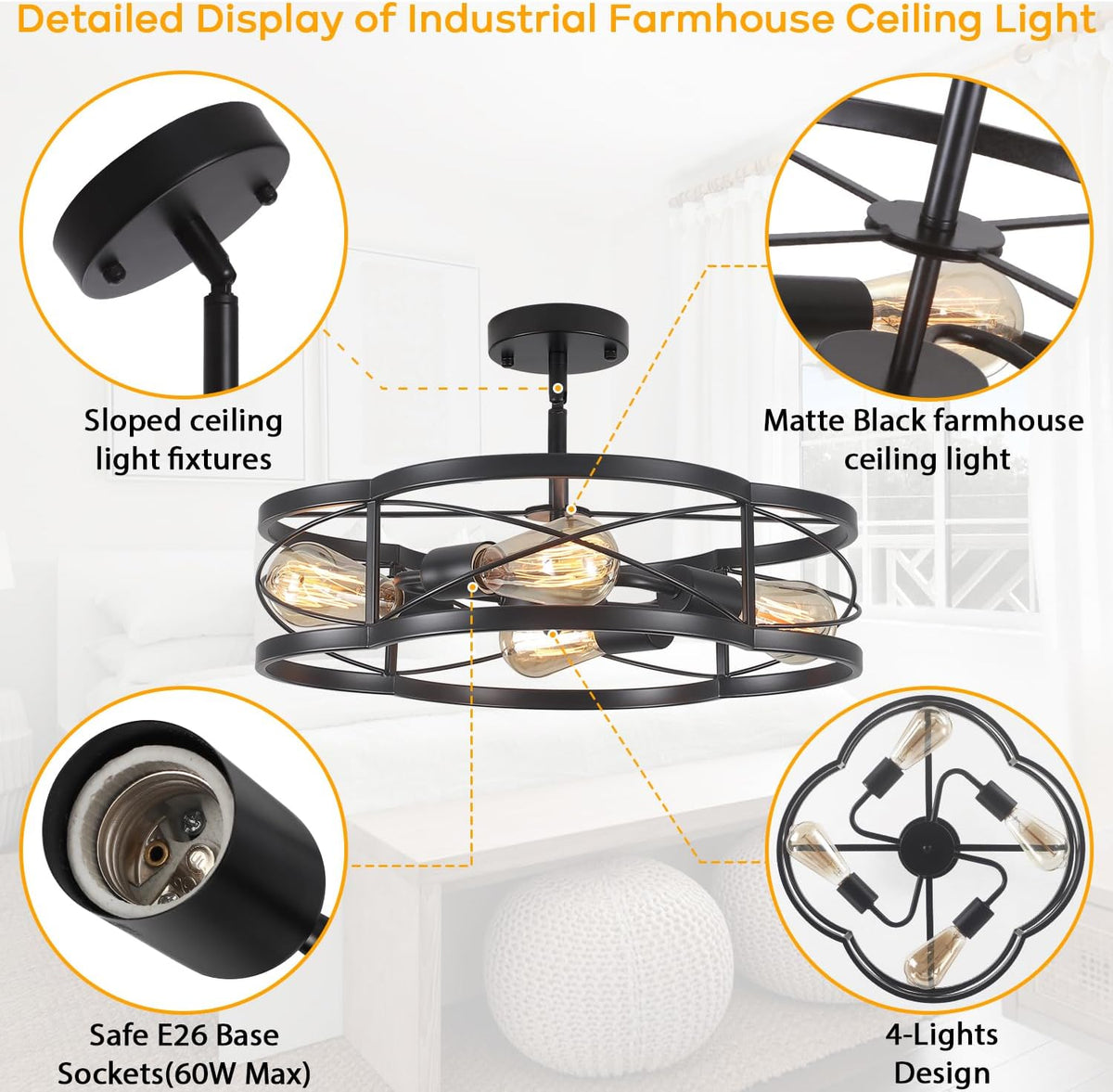 Black Semi Flush Mount Ceiling Lights, Sloped Dining Room Light Fixture Farmhouse Chandelier, Kitchen Island Pendant Lighting Adjustable Height for Entryway Hallway Foyer