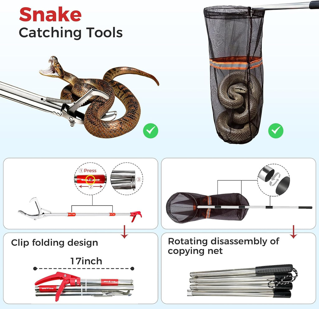 Snake Grabber Tool，50'' Folding Snake Grabber Tongs, 72'' Detachable Stainless Steel Snake Catching Net, Corrosion Resistance High Load Capacity Easy to Clean Maintain for Outdoor Snake Catching