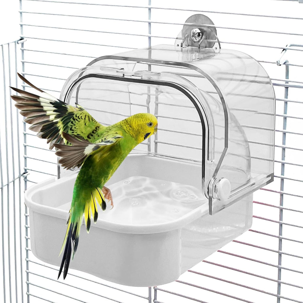 Tfwadmx Bird Cage Bath Hanging Parrot Bath Tub Water Shower Food Feeder Holder Tray Bird Bath Supplies for Small Birds Canary Budgies Cockatiel Lovebirds (Transparent)