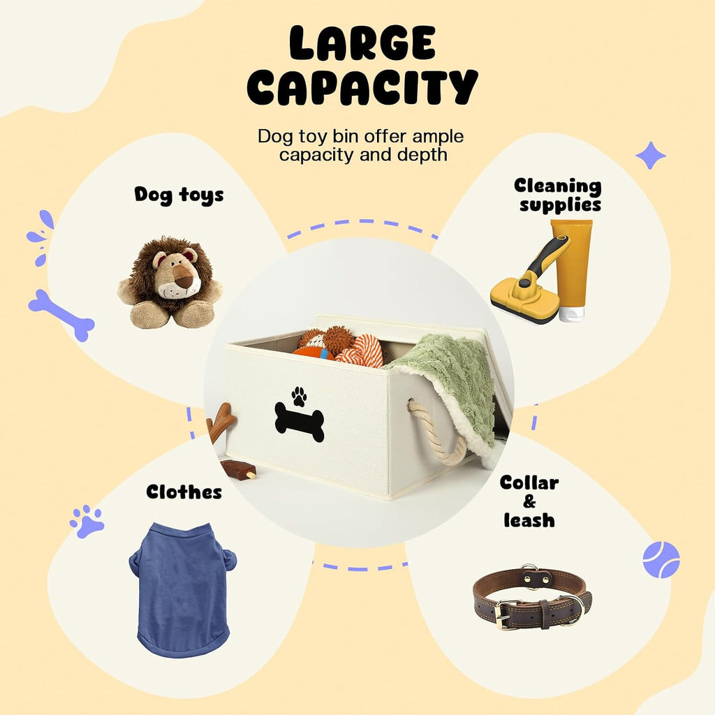 Dog Toy Basket with Lid, Dog Basket for Toys, Dogs Toy Box with Cotton Rope Handles, Collapsible Storage Bins for Pet Toys, Dogs Storage Organizer, Beige