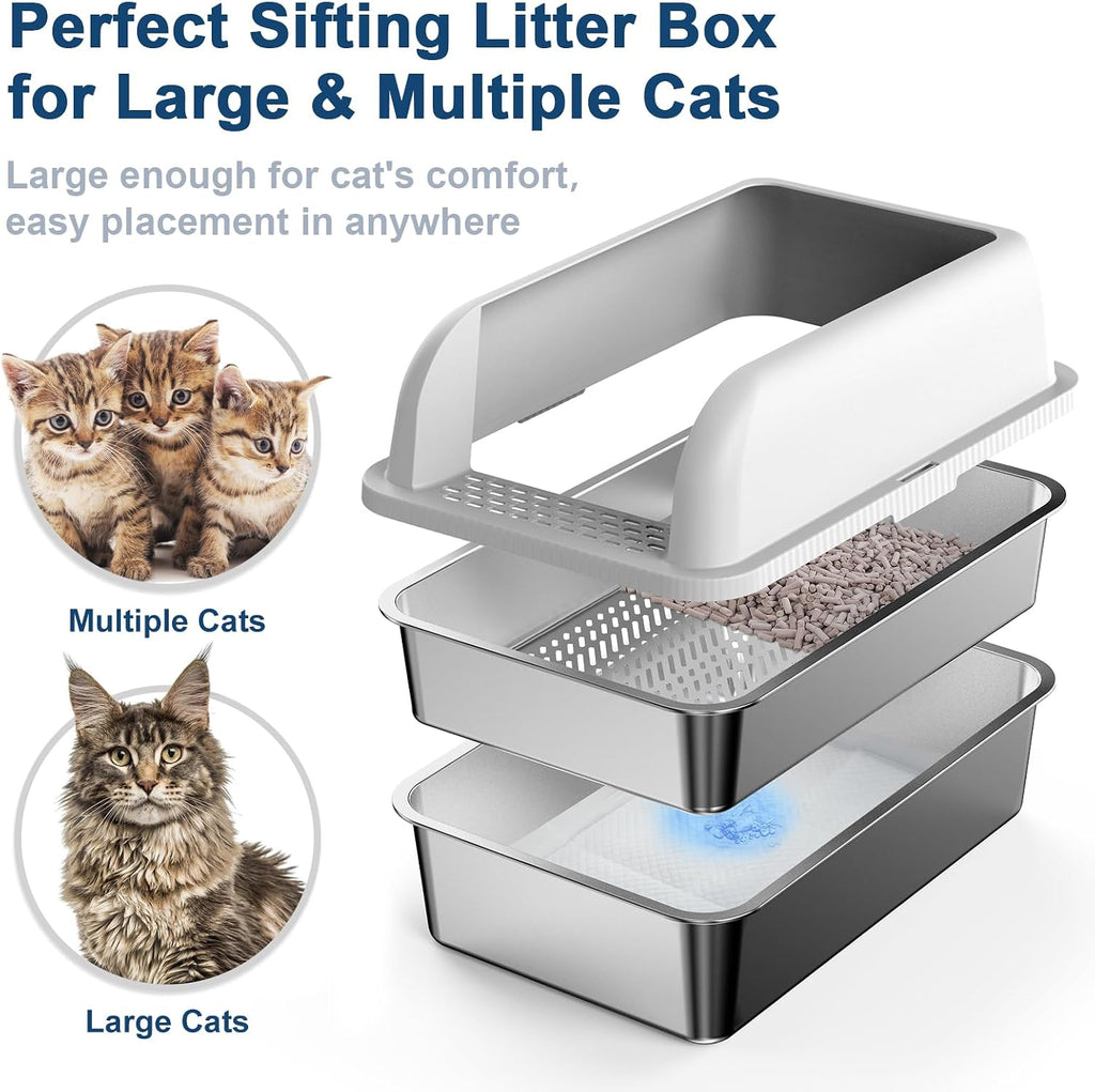 Suzzipaws XL Stainless Steel Sifting Litter Box with Lid for Pine Pellets