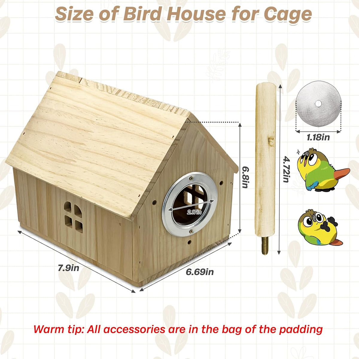 PINVNBY Parakeet Nesting Box Wooden Bird House for Cage Parrot Breeding Mating Box for Lovebirds CockatielFinch Cockatoo Canary and Small and Medium-Sized Birds (L: 7.91 * 6.81 * 6.69 inch)