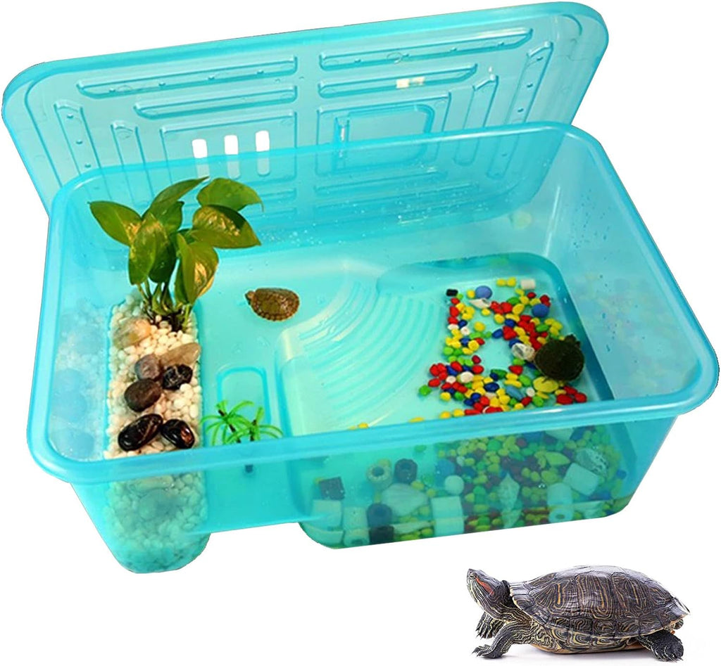 kathson Turtle Tank Aquarium, Turtle Habitat Reptile Plastic Terrarium Safe Durable, Tortoise Tank with Lid Prevent from Climbing Escaping (Small)