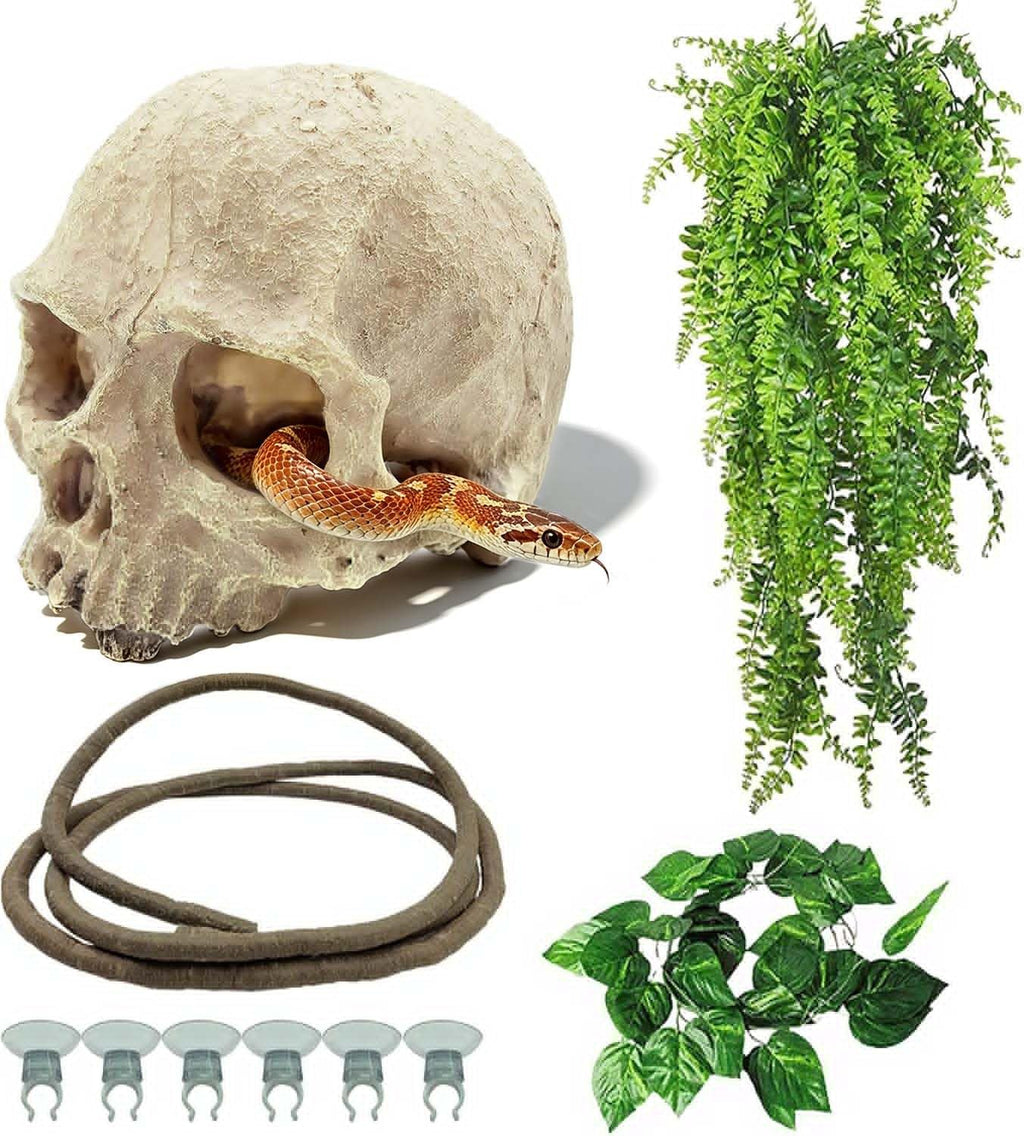 Tfwadmx Reptiles Skull Hide Decorations Bearded Dragon Tank Accessories Terrarium Ornament Gecko Hideouts Cave Snake Habitat Jungle Climber Bendable Vines Leaves for Lizards,Chameleon,Spider (4 Pcs)