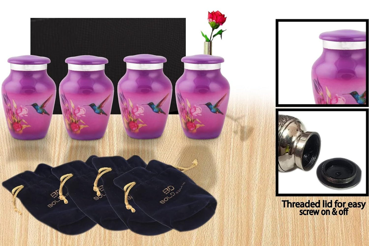 Bold & Divine Purple Hummingbird Keepsake Urn for Ashes | Set of 4 | 3.5 Cubic Inch | Keepsake Urn for Sharing The Ashes of a Loved One