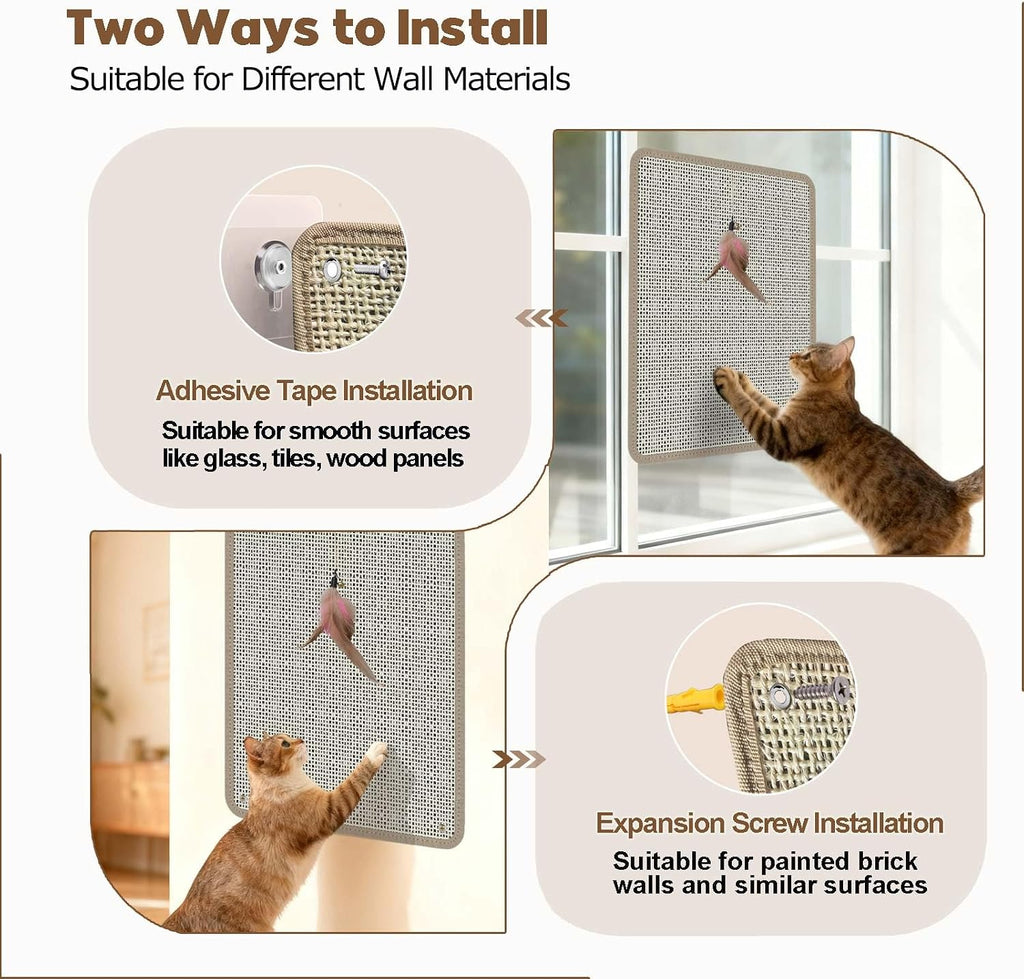 Cat Nail File Scratcher - Natural Sisal Scratch Mat with 80-Grit Aluminum Oxide, Adhesive Sheets & Expansion Screws for Secure Wall/Floor Mounting, Ideal for Trimming Cat Claws (16.53"x13.38")