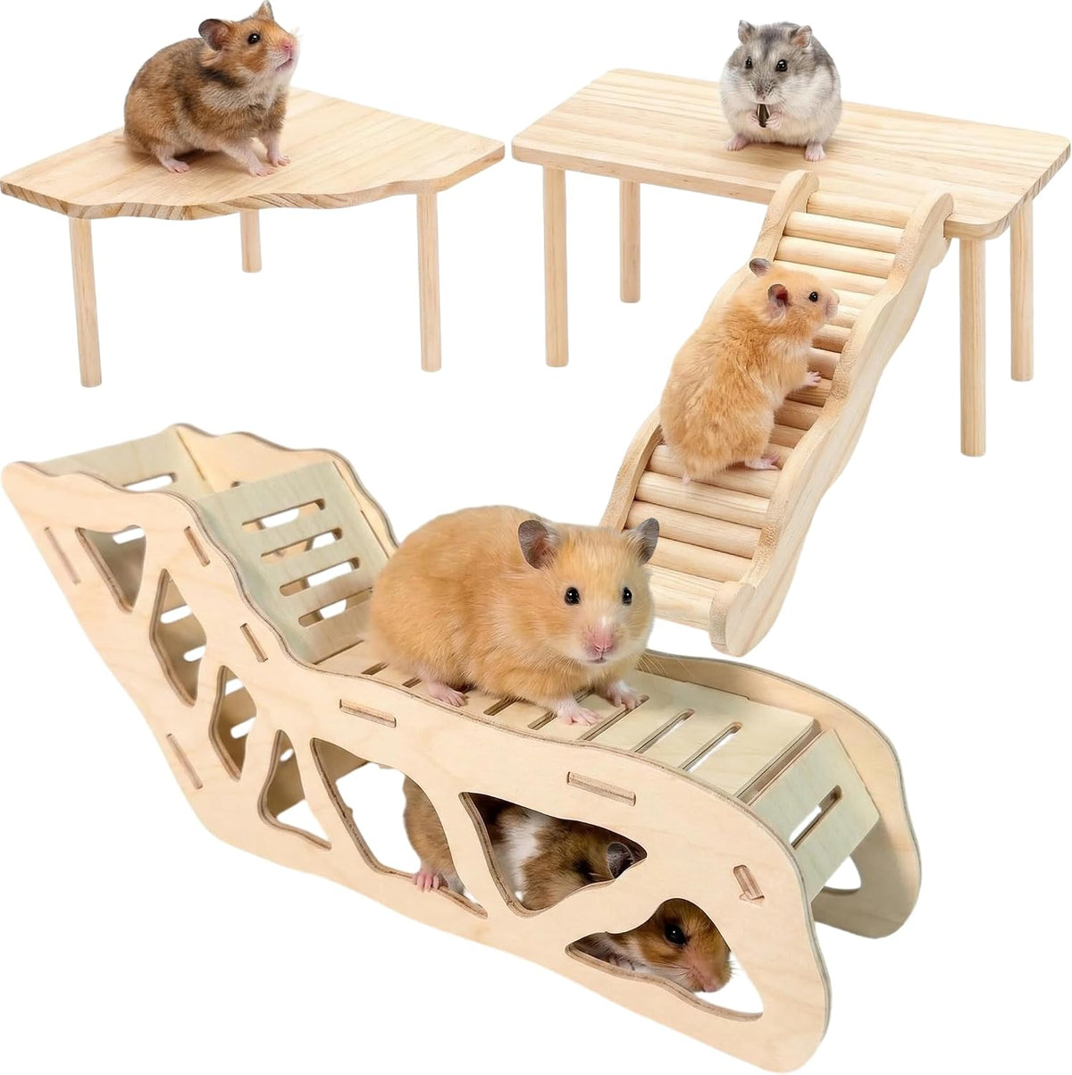 4 Pcs Hamster Platform Wooden Tunnel Ladder Hidden Play House Hamster Game Climbing Toy with Platform, Decor Toy cage Accessories for Dwarf Syrian Mice Degus Gerbils Squirrel and Other Small Pets