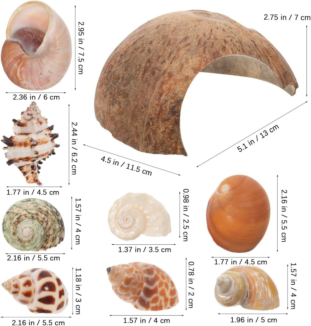 SHINEOFI Hermit Crab Hideout Coconut Shell Shelter with 8 Hermit Crab Shells Reptile Hide Cave Turtle Rest Hut Aquarium Habitat Decor for Fish Tanks and Reptile Containers