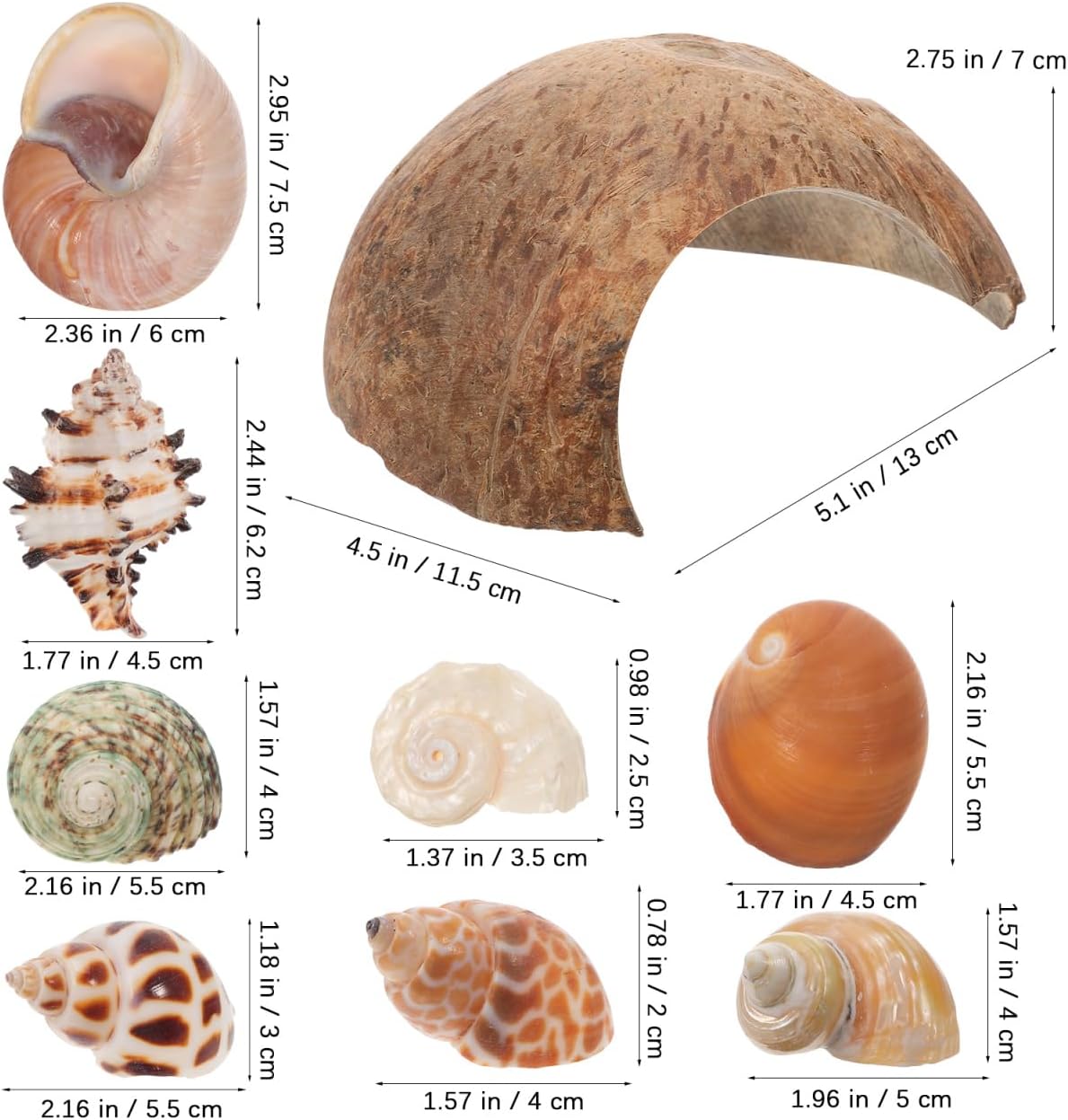 SHINEOFI Hermit Crab Hideout Coconut Shell Shelter with 8 Hermit Crab Shells Reptile Hide Cave Turtle Rest Hut Aquarium Habitat Decor for Fish Tanks and Reptile Containers