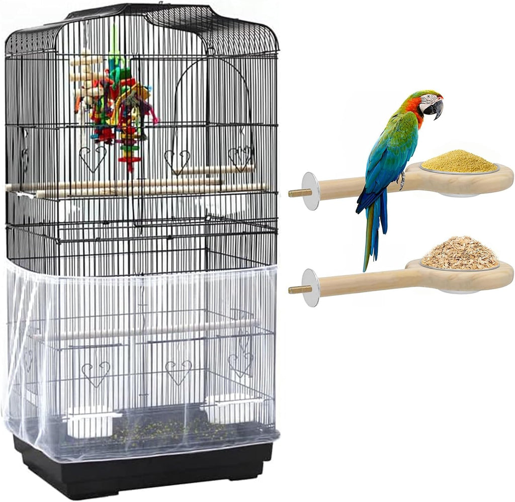 ASOCEA Bird Cage Seed Cather and 2Pack Bird Food Stainless Steel Cups Universal Adjustable Birdcage Cover Skirt Nylon Mesh Netting Parrot Parakeet Macaw African Round Square Cages Cover