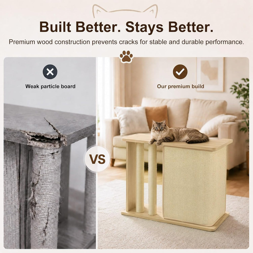 Cat Corner Side Table Scratcher, 3-in-1 Sofa Protector from Cat Claws with Scratching Post – Sturdy Wood Frame, Replaceable Sisal Pad, Fits Left/Right Sofa Arm, Odor-Free & Durable, Oak 23.5"H