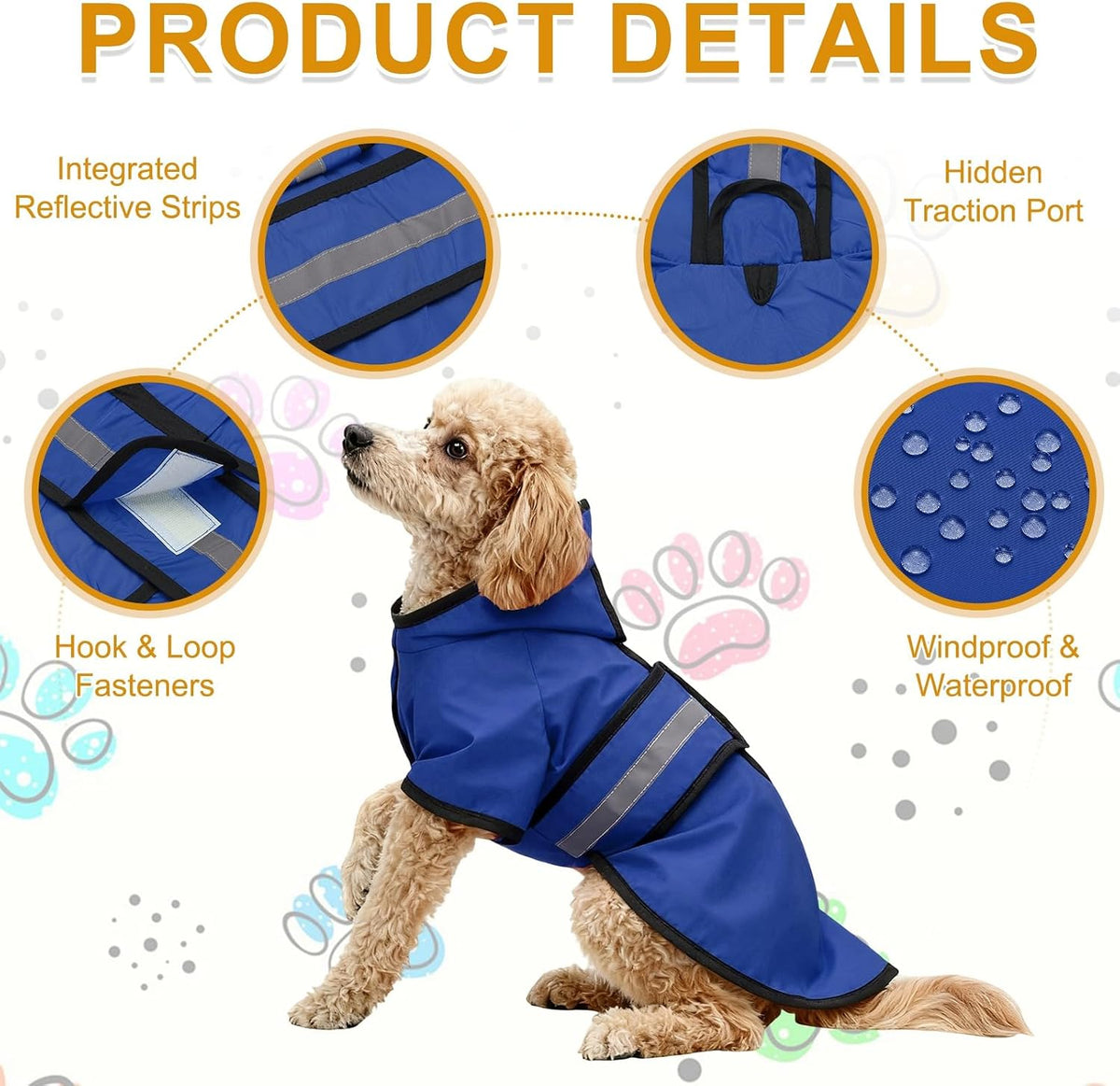 Dog Raincoat, Dog Rain Jacket Waterproof Jacket Reflective Adjustable Hooded Pet Rain Coat with Leash Hole, (Blue, XS), Intended for Large Medium Small Puppies
