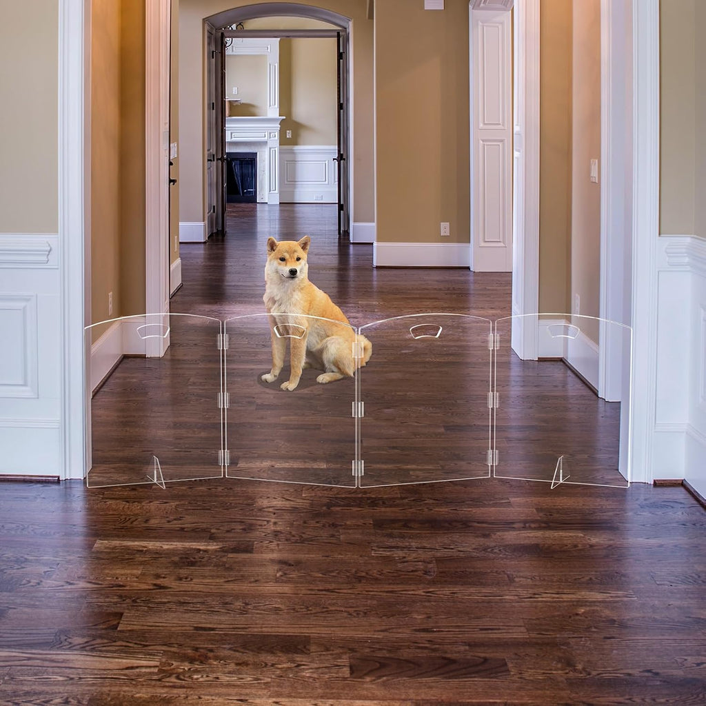 Clear Freestanding Dog Gate for Indoor Use,Pet Gates for Doorways no Drilling,Acrylic Foldable Dog Gate for Stairs with Support Feet (3Panel - 60''W x 23''H)