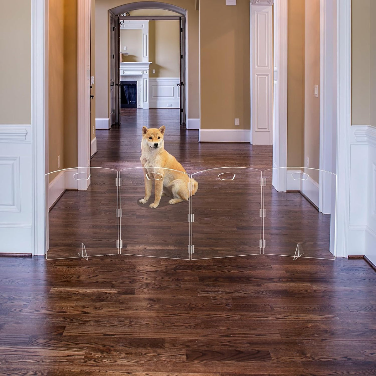 Clear Freestanding Dog Gate for Indoor Use,Pet Gates for Doorways no Drilling,Acrylic Foldable Dog Gate for Stairs with Support Feet (3Panel - 60''W x 23''H)