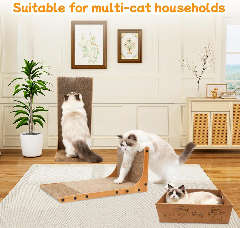 Cat Scratching Post, 3-in1 Cat Scratcher for Indoor Cats, 2PK 22in L-Shaped Scratching Board with 1PK Cardboard Box Scratch Pad, Cats Scratch Furniture Protector with Feathered Toy