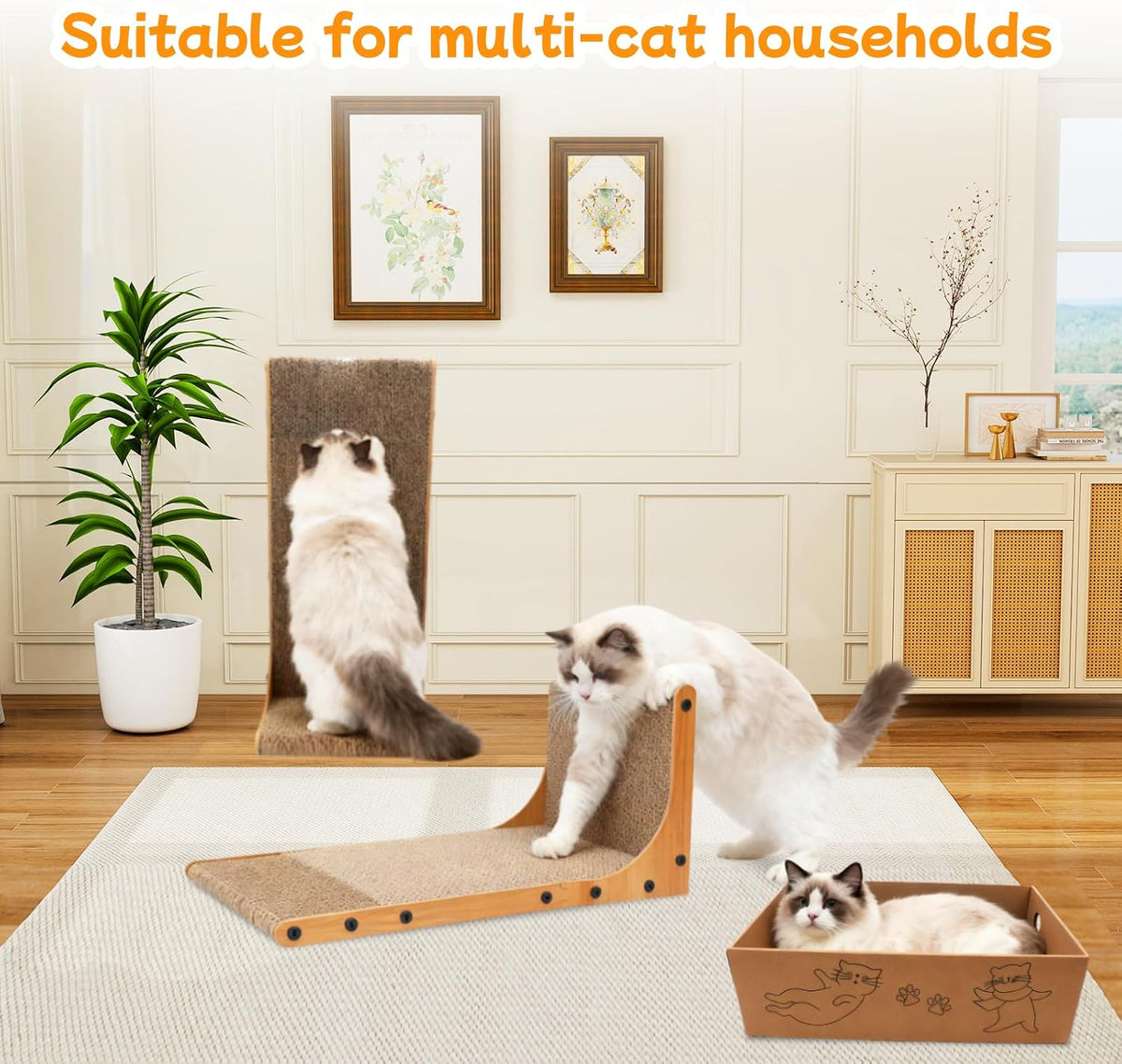 Cat Scratching Post, 3-in1 Cat Scratcher for Indoor Cats, 2PK 22in L-Shaped Scratching Board with 1PK Cardboard Box Scratch Pad, Cats Scratch Furniture Protector with Feathered Toy